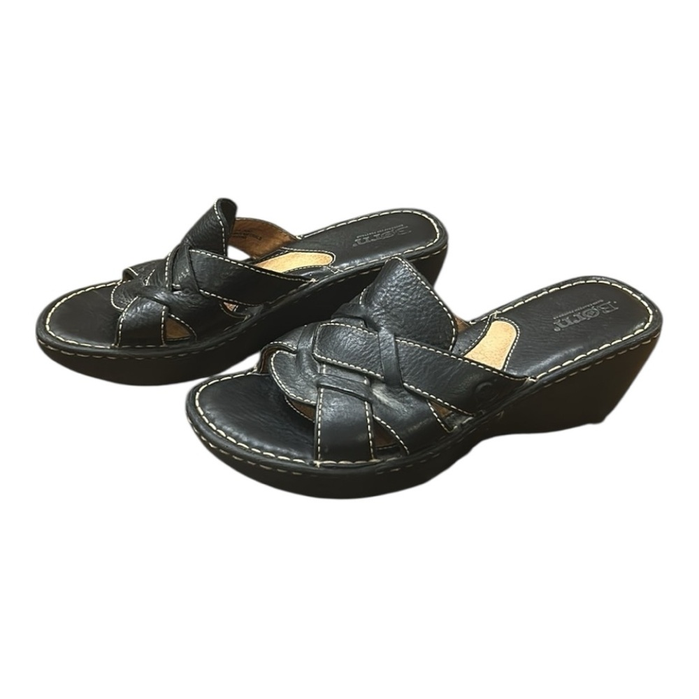 Born Folly Slip On Black Learher Wedge Sandals Size 8 - Picture 3 of 11